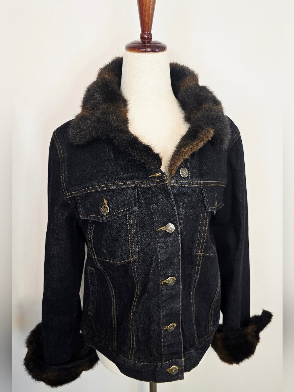 Fuda New York Faux Fur Trim Denim Jacket Y2K Dark Wash Glam Vintage Mob Wife - Picture 4 of 13